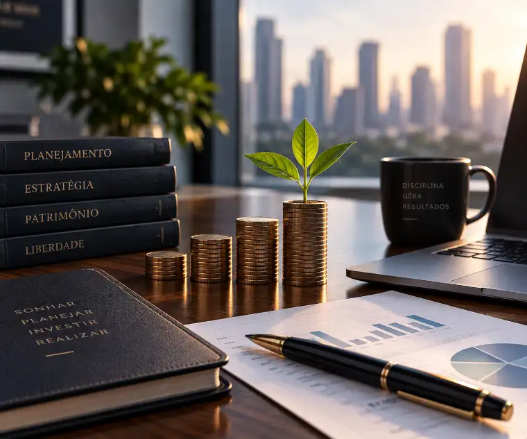 Mesa de trabalho com livros de planejamento, moedas e vista da cidade